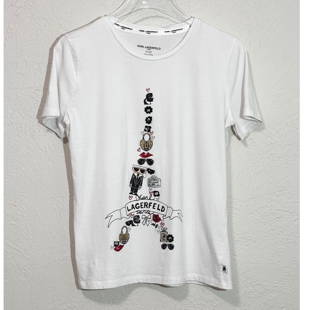 Karl Lagerfeld Paris Womens White Eiffel Tower Graphic T-Shirt Size S